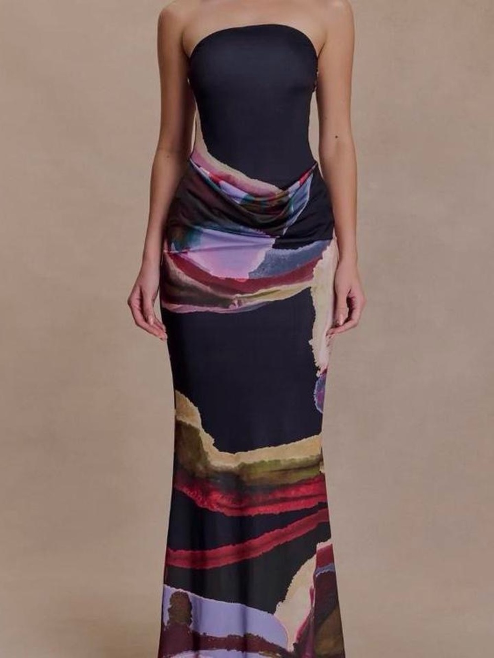 Meshki Strapless Maxi Dress in Black with Multicolor Abstract Print